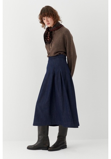 Yüksek Bel Pileli Midi Etek Lacivert Lacivert