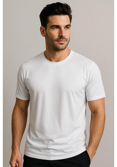 Erkek %100 Pamuk Slim Fit Sporcu Tişört Basic Bisiklet Yaka Kısa Kollu T-shirt Beyaz