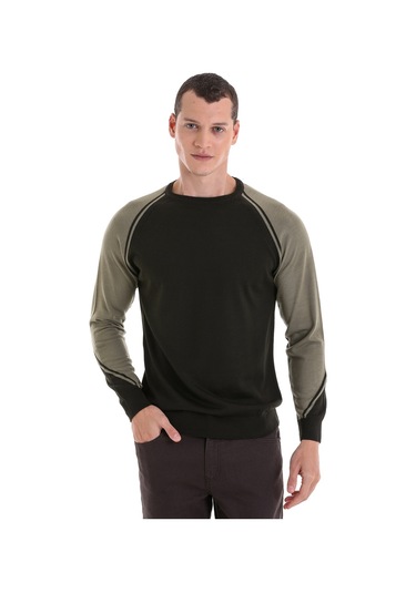 Hatemoğlu Haki Regular Fit Bisiklet Yaka Jakarlı Yünlü Triko Kazak Haki