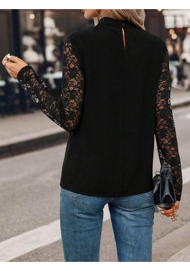 Kadın Uzun Dantel Kollu Damla Detay Yakalı Ithal Krep Bluz Siyah