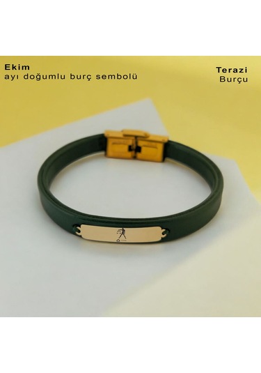 Archin Terazi Burçlarına Yeşil Derili 14 Ayar Altın Plakalı Dikdörtgen Motifli Hediye Bileklik-371burç Terazi