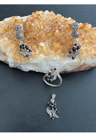 Aysesa Otantik Oniks Taşlı Kadın Gümüş Set 2küpe+kolye+yüzük 925 Ayar