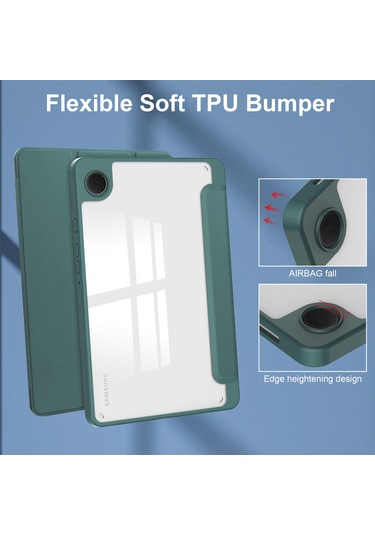Youtek Samsung Galaxy Tab A9 8.7" Kılıf - A9 Plus 11" Uyumlu, Kalem Bölmeli, Uyandırma Fonksiyonlu, Üç Katlı Şeffaf Koruyucu Kılıf Koyu Yeşil