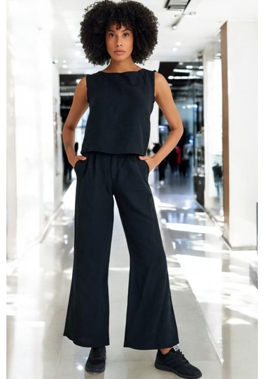 Yazlık Rahat Alt Üst Kolsuz İkili Keten Takım siyah