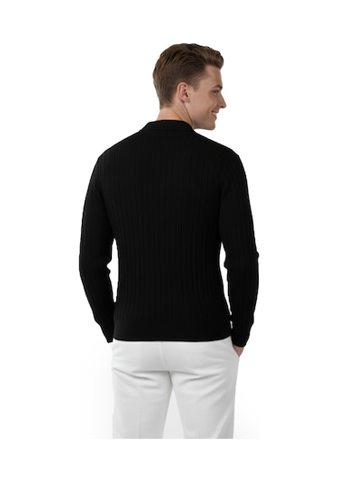 Deepsea Erkek Siyah Polo Yaka Fitilli Triko Kazak %100 Pamuk, Esnek Dokulu, Modern Kalıp 2605305 Siyah
