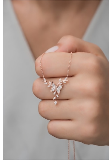 925 Ayar Gümüş Rose Daldaki Kelebek Kolye