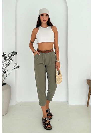 Kemer Detaylı Keten Pantolon Haki Haki