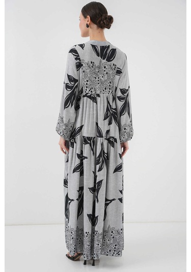 Gabria Ön Düğmeli Desenli Viskon Elbise Gri