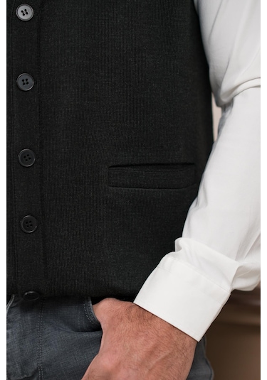 Woolen World Regular Fit Ön Cepli Kolsuz Erkek Triko Yelek Antrasit