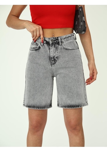 Boru Paça Denim Şort Gri
