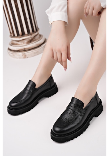 Muggo Paradise Hakiki Deri Kalın Taban Günlük Casual Makosen Kadın Loafer Ayakkabı Siyah