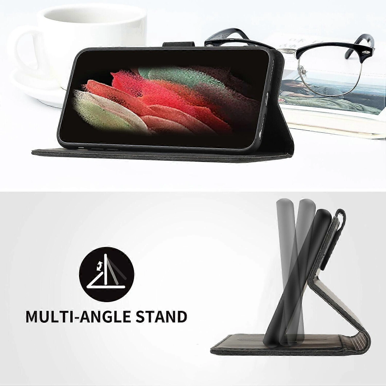 Samsung Galaxy A21s Deri Kart Cebi Manyetik Koruyucu Kabuk Kılıfı Destek Standı Samsung Galaxy A21s Kılıfı İle Uyumlu Çok Renkli