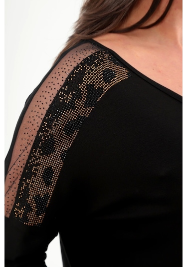 Omuz Tül Detaylı Taş Baskılı Bluz Siyah - Altın