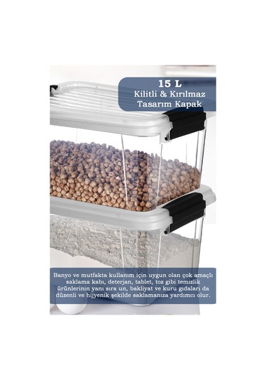 2'li Mega 15l Un Bakliyat Erzak Kabı - Kilitli Kapaklı Banyo Düzenleyici Deterjanlık Saklama Kutusu Şeffaf