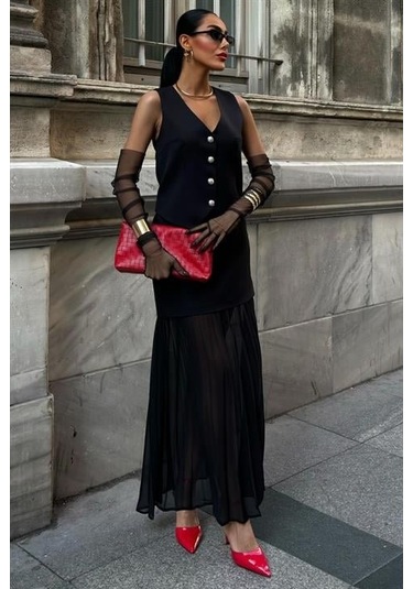 Yelek Ve Pilise Etekli Premium Takım 10096 Si Yah