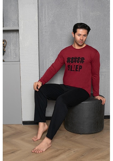 Yuvarlak Yaka %100 Pamuk Regular Kalıp Erkek Pijama Takımı 983 Bordo