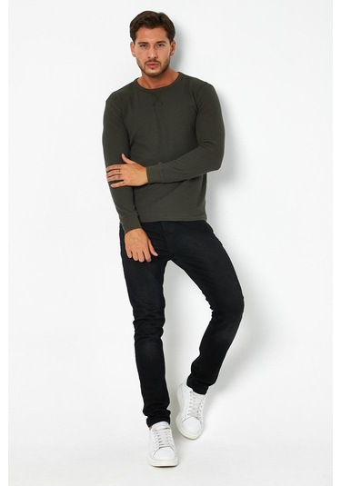 Erkrk Waffle Özel Dokulu Kumaş Standart Fit Uzun Kollu Basic T-shirt Haki