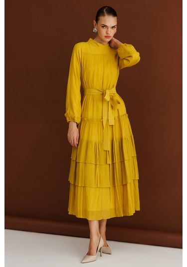 Hardal Mizalle Kat Pileli Maksi Koyu Sarı Elbise Sarı