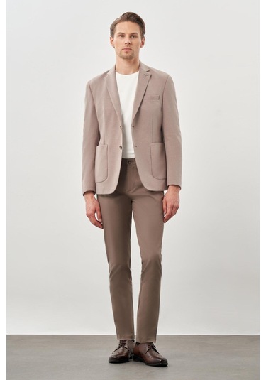 Koyu Vizon Kazayağı Desen Örme Mono Yaka 2 Düğme 6 Drop Slim Fit Classic Ceket 1002245166 405 Koyu Vizon