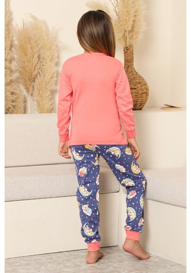 Kız Çocuk %100 Pamuk İnterlok Kumaş Pijama Takımı 6-15 Yaş 12421 Somon Rengi