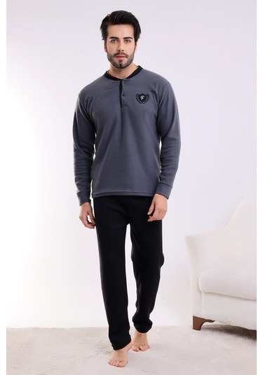 Falkon 7202 Polar Kışlık Erkek Ev Pijama Takımı Uyku Takımı Gri