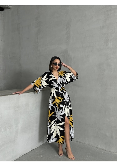 Kadın Kruvaze Yaka Yırtmaçlı Uzun Yazlık Elbise Siyah - Sarı