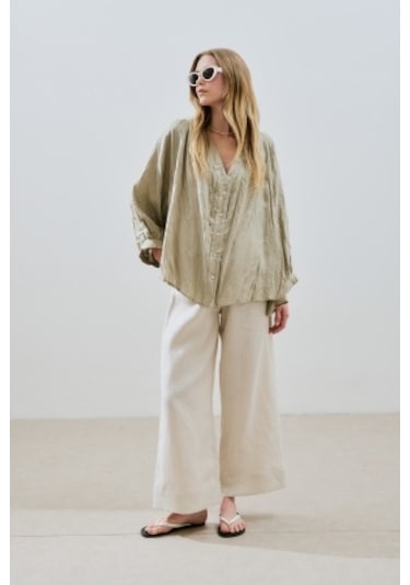 Keten Krushlı Düğmeli Bluz Yeşil Yeşil