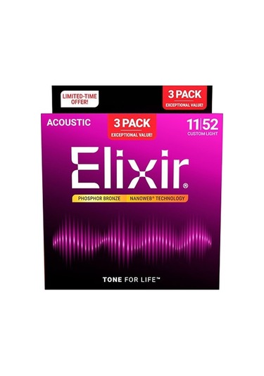 Elixir Nanoweb Phosphor Bronz 3 Lü Paket Akustik Gitar Teli 11-52