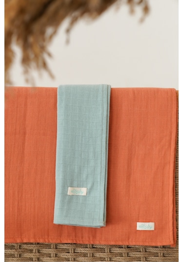 2'li Organik Pamuk Müslin Örtü Seti Nil ,tarçın 2 Adet 75x85 CM Turuncu - Açık Yeşil