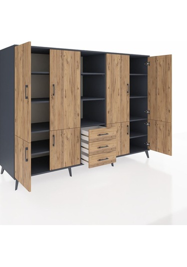 Kronos Dolap 11 Raflı 3 Çekmeceli 8 Kapaklı 220x59x163 Antrasit-ç Antrasit-çam