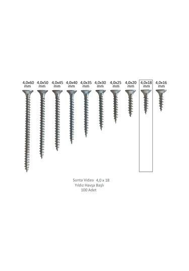 Sunta Vidası, 4,0 X 18 Mm, 100 Adet, Yhb Vida 4 x 18