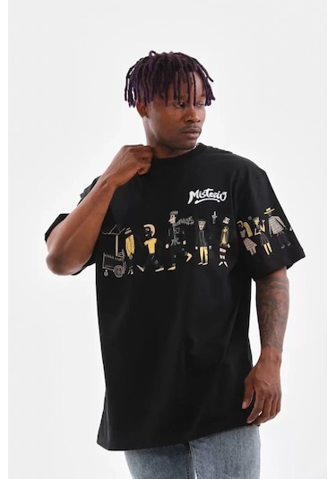 Unisex Bisiklet Yaka Baskılı Oversize T-shirt - Siyah Çok Renkli