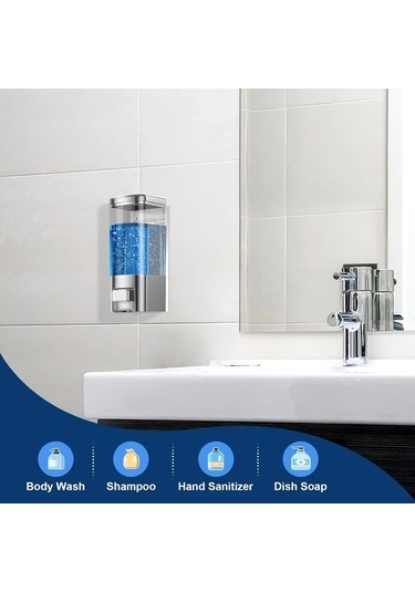 Xuweiwei 2 Adet Tatukıko Gümüş Duvara Monte Çift Başlı Sabunluk 500ml Manuel Basmalı Ftalatsız Plastik Şeffaf Gövde Mavi Sıvı Seviye Göstergeli Banyo Otel Ev Kullanımı Gümüş