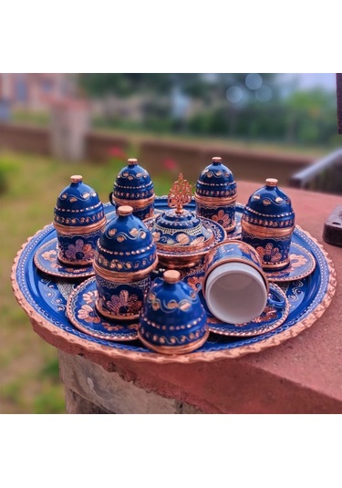 Lacivert Gül Çiçek Bakır Kahve Takımı