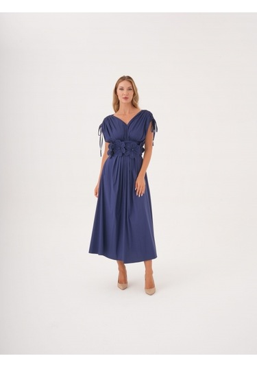 Kadın Bel Detaylı Kısa Kollu Elbise Çiçek Aplikeli, Büzgü Ve Bağcık Detaylı, %100 Pamuk Lacivert