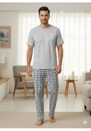 Erkek Gri Kısa Kol Pijama Takımı Gri