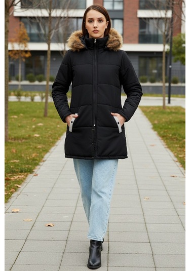 Kışlık Tasarım Suni Kürk Yaka Siyah Kadın Mont Siyah