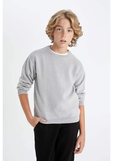 DeFacto Erkek Çocuk Gri Bisiklet Yaka Basic Düz Triko Kazak C8617A824WNGR210