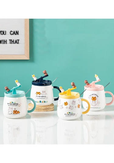 Sevimli Ayı Ve Tavşan Tahterevalli Seramik Kupa 1967 Sarı