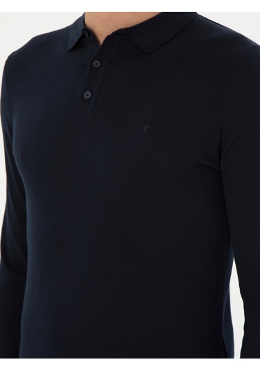 Cacharel Lacivert Slim Fit Yün Karışımlı Polo Yaka Basic Triko Kazak