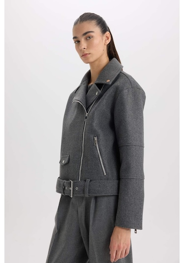 DeFacto Regular Kalıp Ceket Yaka Cepli Kemerli Fermuarlı Kısa Kaşe Kaban B8830AX25SPAR153 Antrasit