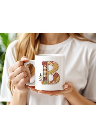 B Harfi Sonbahar Kış Temalı Yamalı Tasarım Kupa Bardak - Etnik Ve Pathwork Severlere Özel Hediye Beyaz