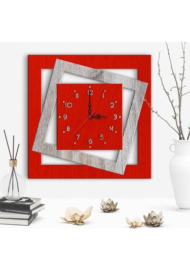 Dekoratif Kare Tasarımlı Ahşap Duvar Saati - 2 Çok Renkli