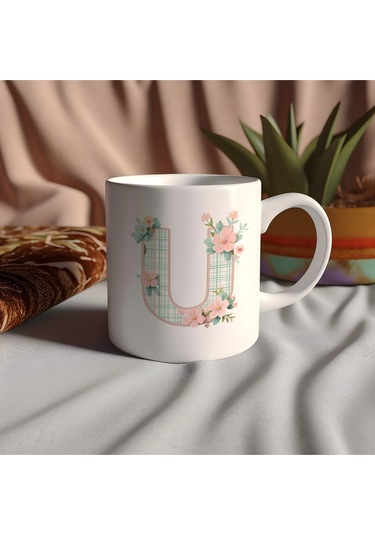 U Harfli Çiçek Desenli Kupa Bardak - Ekose Desenli Yeşil Pembe Desenli Tasarım - Kişiye Özel Hediye Beyaz