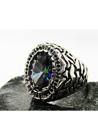 Lilahgümüştr Gümüş Oval Mistik Topaz Taşlı Erkek Yüzük