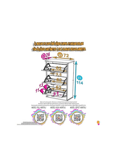 Modilayn Varbi Asma Antre 72x115x26 Cm Lik 3 Düşer Kapak 6 Göz Bölmeli Ayakkabılık Antrasit - Beyaz