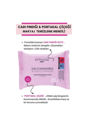 Byphasse Cadı Fındığı Ve Portakal Çiçeği Özlü Makyaj Temizleme Mendili Yağlı Ciltler 20'li