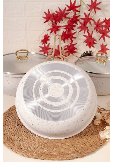 Çarşıdayız 9 Parça Gold Demir Kulp Beyaz Granit Tencere Seti 24 Cm Beyaz