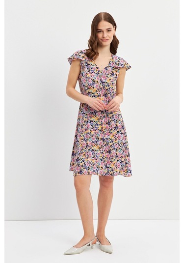 Stella Pulvis Çok Renkli Volanlı Kuplu V Yaka Midi Elbise Çok Renkli