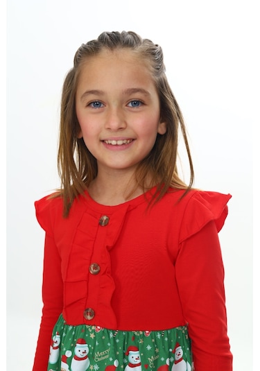 Toontoy Kız Çocuk Kol Fırfır Detaylı Düğmeli Kardan Adam Baskılı Elbise Kırmızı